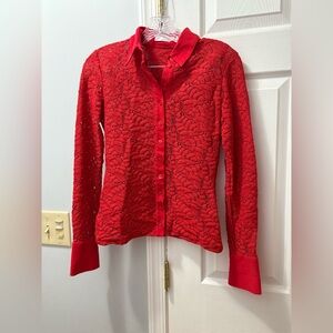 Anne Fontaine Red Lace Sheer Textured Button Down Top FR 38/ US 4/6